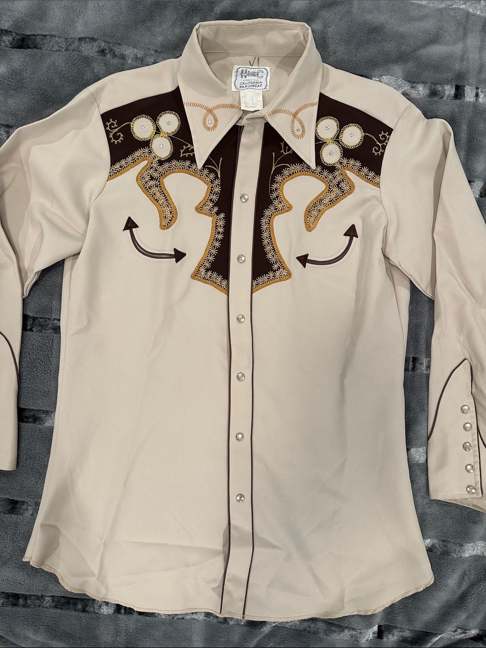 Vintage H Bar C Western Embroidered Button-Down Shirt - Cream & Brown 15.5